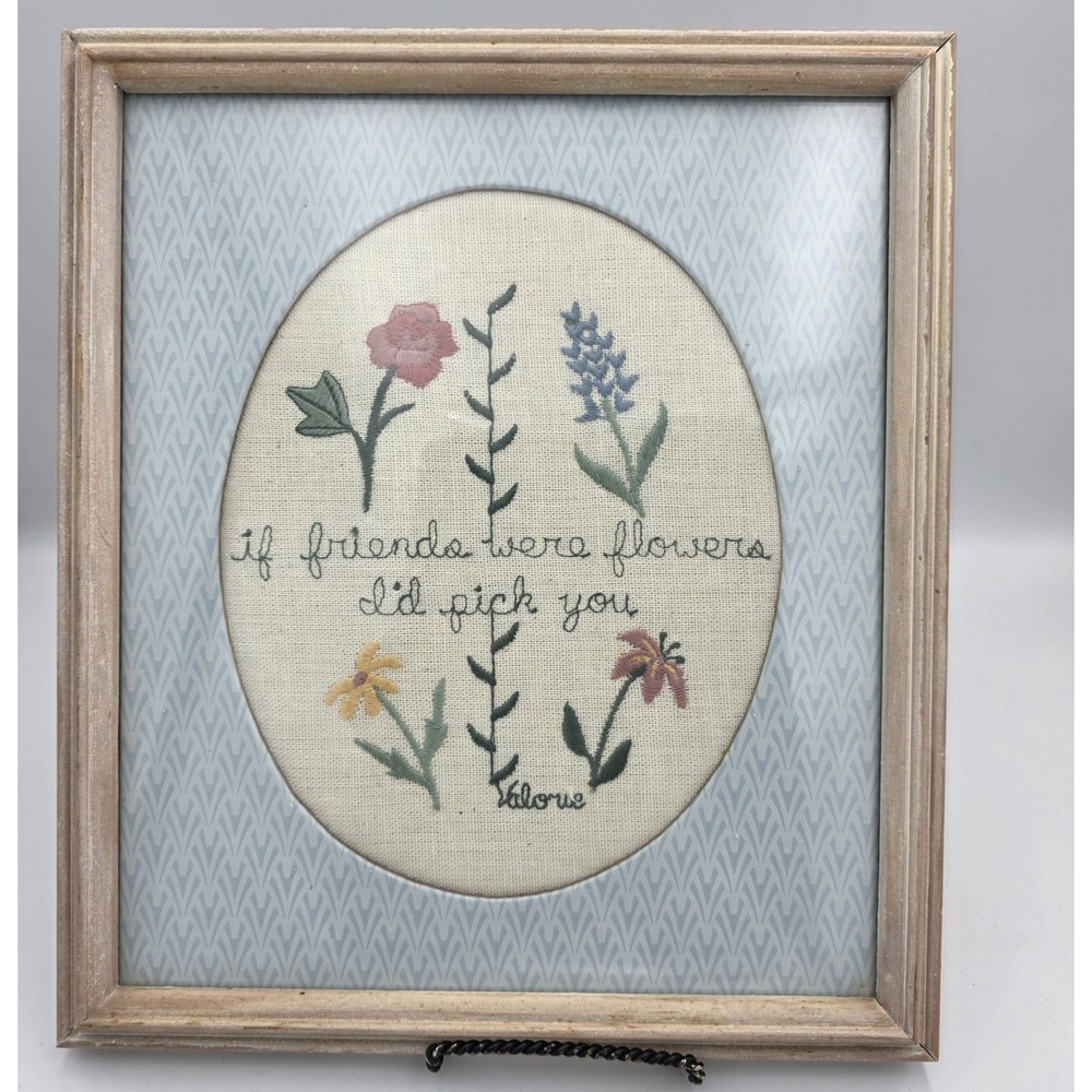 Vintage Valerie's Folk Art Applique Wood Frame Cross Stitch Friends & Flowers